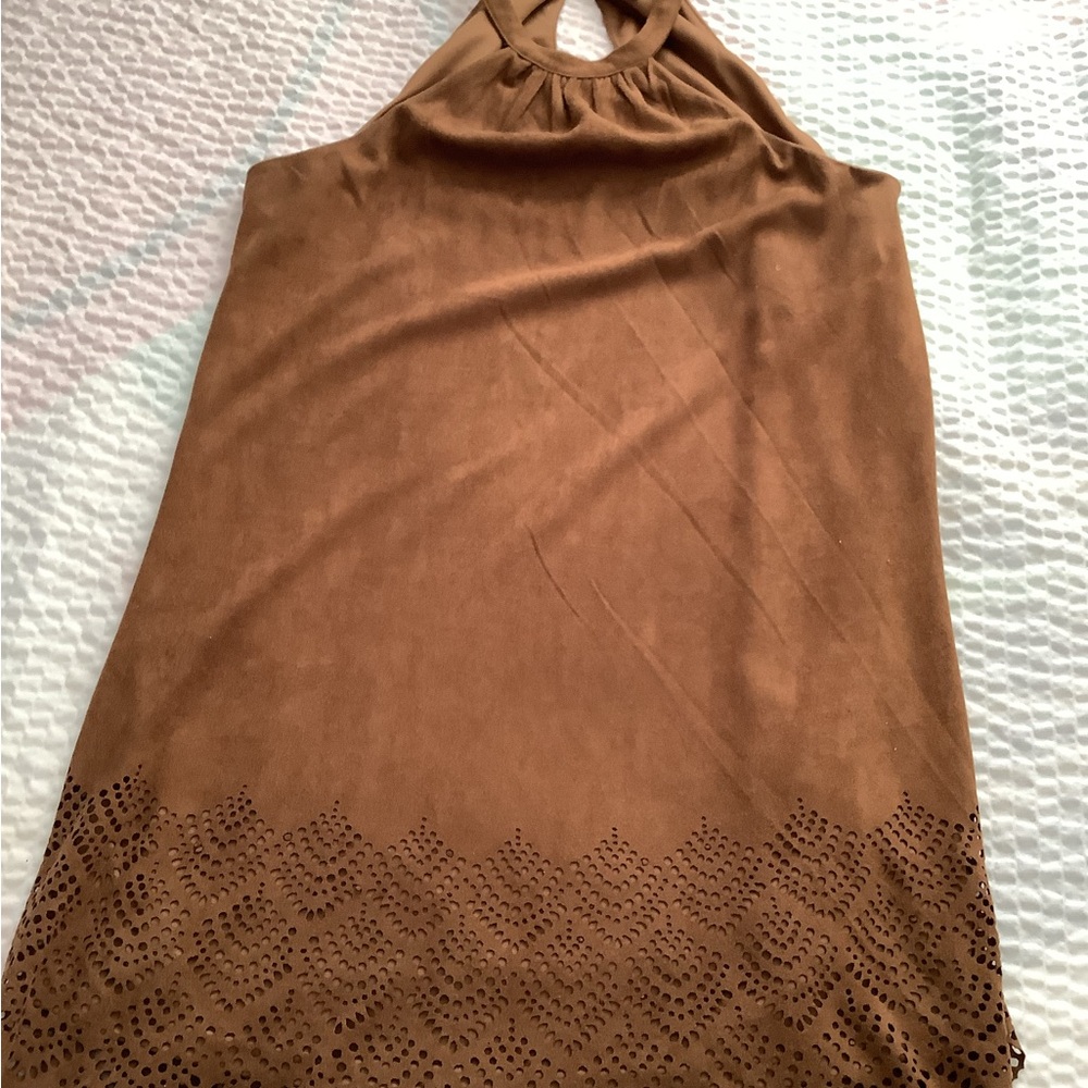 (NWOT)Brown Halter Dress with Laser-Cut Hem